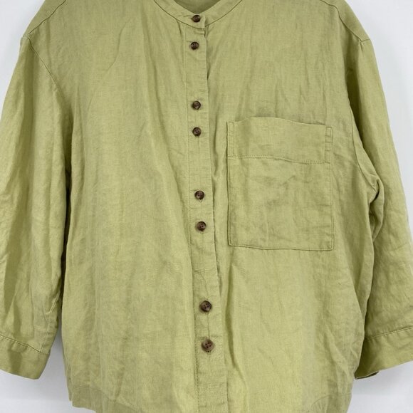 Everlane Women's Size M Green 100% Linen Button Up Peasant Blouse Boxy Relaxed - Picture 7 of 11